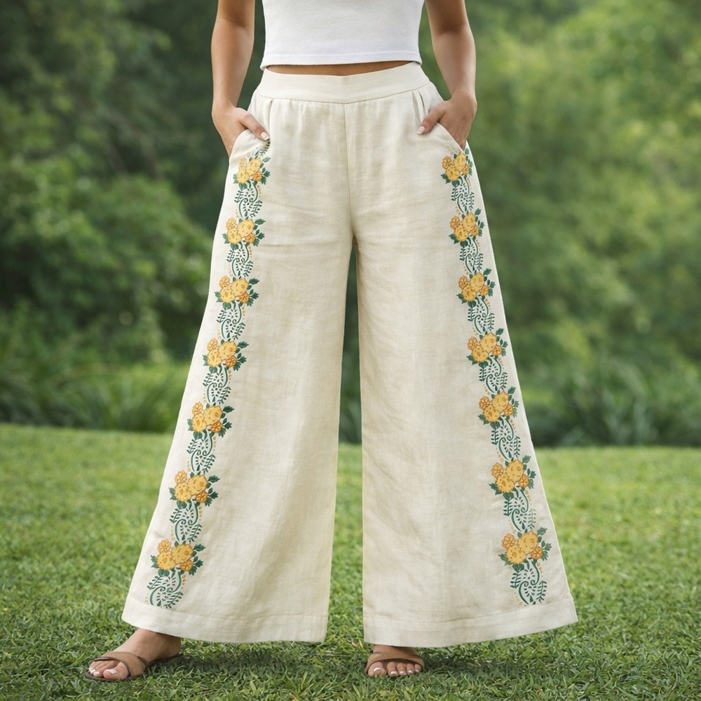 Keepsake Wide Leg Pants Womens 4 White Ramie Floral Embroidered Boho Coastal
